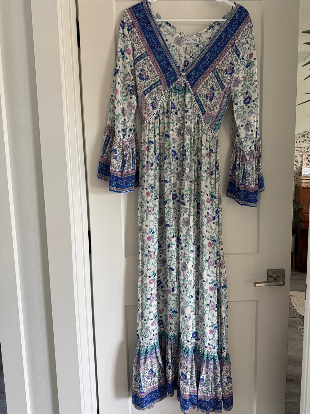 Bohemian Floral Maxi Dress in Ivory and Blue by Sea lustre